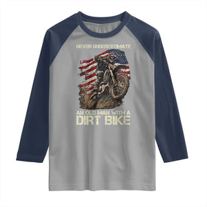 Dirt Bike American Flag Raglan Shirt Never Underestimate An Old Man With A Dirt Bike Motocross TS14 Sport Gray Navy Print Your Wear