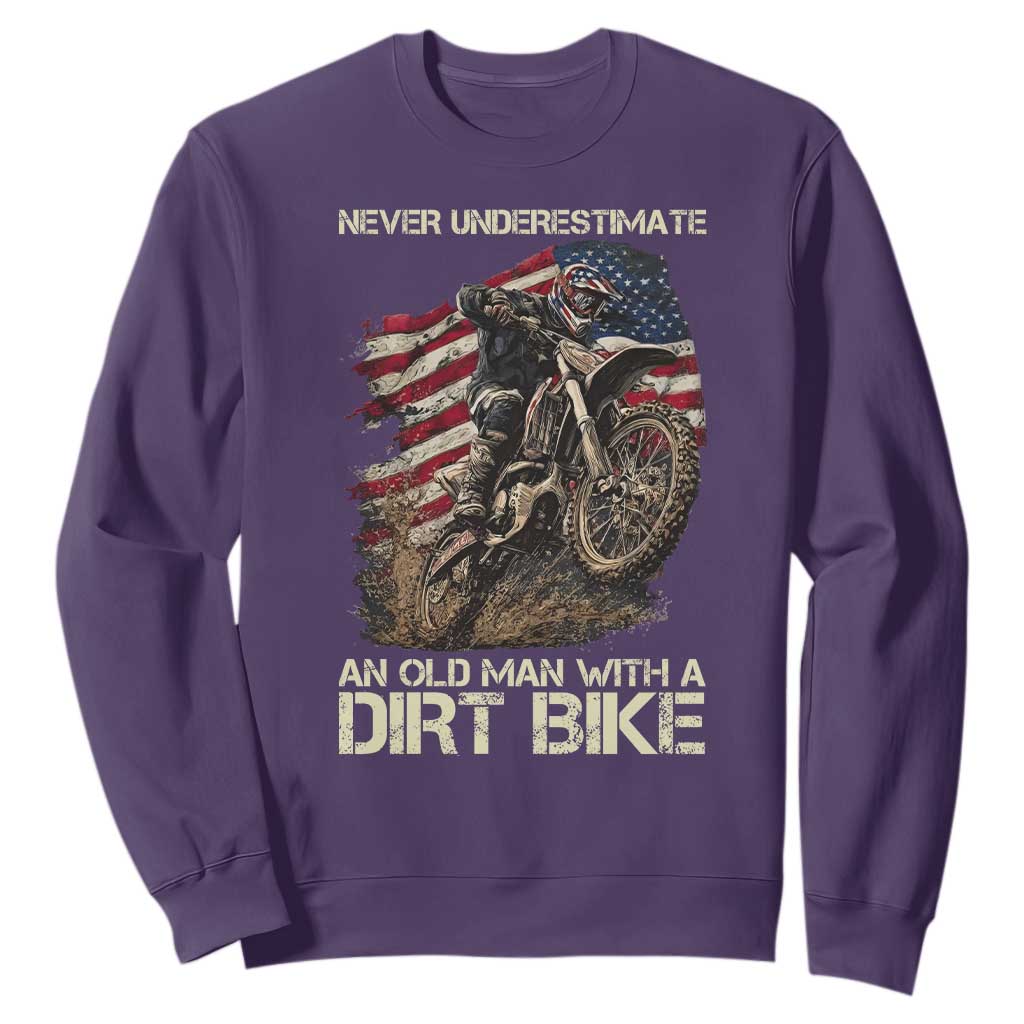 Dirt Bike American Flag Sweatshirt Never Underestimate An Old Man With A Dirt Bike Motocross TS14 Purple Print Your Wear