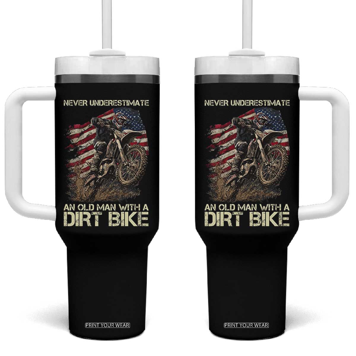 Dirt Bike American Flag Tumbler With Handle Never Underestimate An Old Man With A Dirt Bike Motocross TS14 One Size: 40 oz Black Print Your Wear