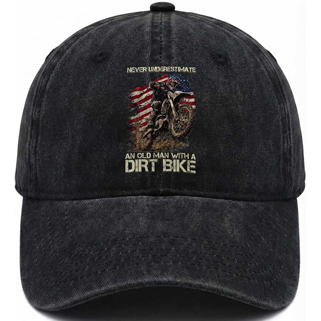 Dirt Bike American Flag Washed Cotton Baseball Cap Never Underestimate An Old Man With A Dirt Bike Motocross TS14 Washed Cap Universal Fit Black Print Your Wear