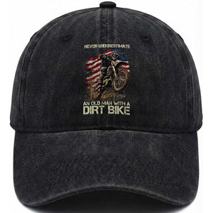 Dirt Bike American Flag Washed Cotton Baseball Cap Never Underestimate An Old Man With A Dirt Bike Motocross TS14 Washed Cap Universal Fit Black Print Your Wear