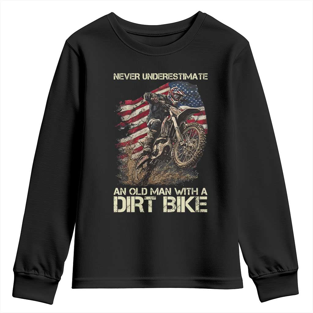 Dirt Bike American Flag Youth Sweatshirt Never Underestimate An Old Man With A Dirt Bike Motocross TS14 Black Print Your Wear