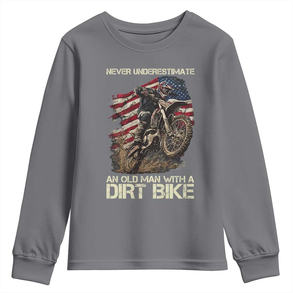 Dirt Bike American Flag Youth Sweatshirt Never Underestimate An Old Man With A Dirt Bike Motocross TS14 Charcoal Print Your Wear
