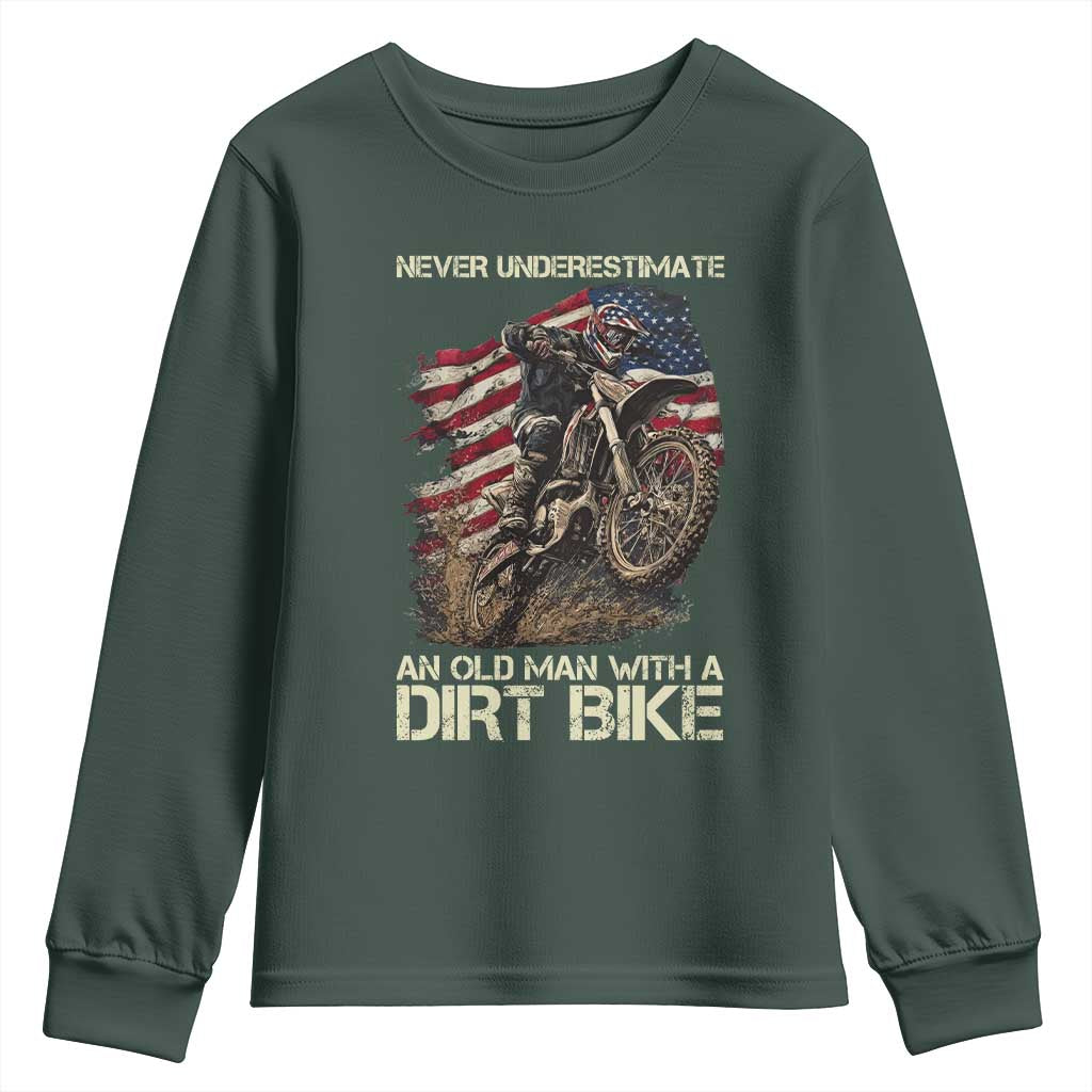 Dirt Bike American Flag Youth Sweatshirt Never Underestimate An Old Man With A Dirt Bike Motocross TS14 Dark Forest Green Print Your Wear