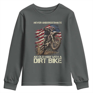 Dirt Bike American Flag Youth Sweatshirt Never Underestimate An Old Man With A Dirt Bike Motocross TS14 Dark Heather Print Your Wear
