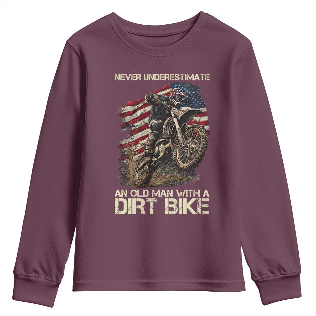 Dirt Bike American Flag Youth Sweatshirt Never Underestimate An Old Man With A Dirt Bike Motocross TS14 Maroon Print Your Wear