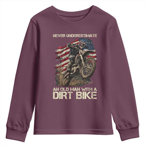 Dirt Bike American Flag Youth Sweatshirt Never Underestimate An Old Man With A Dirt Bike Motocross TS14 Maroon Print Your Wear
