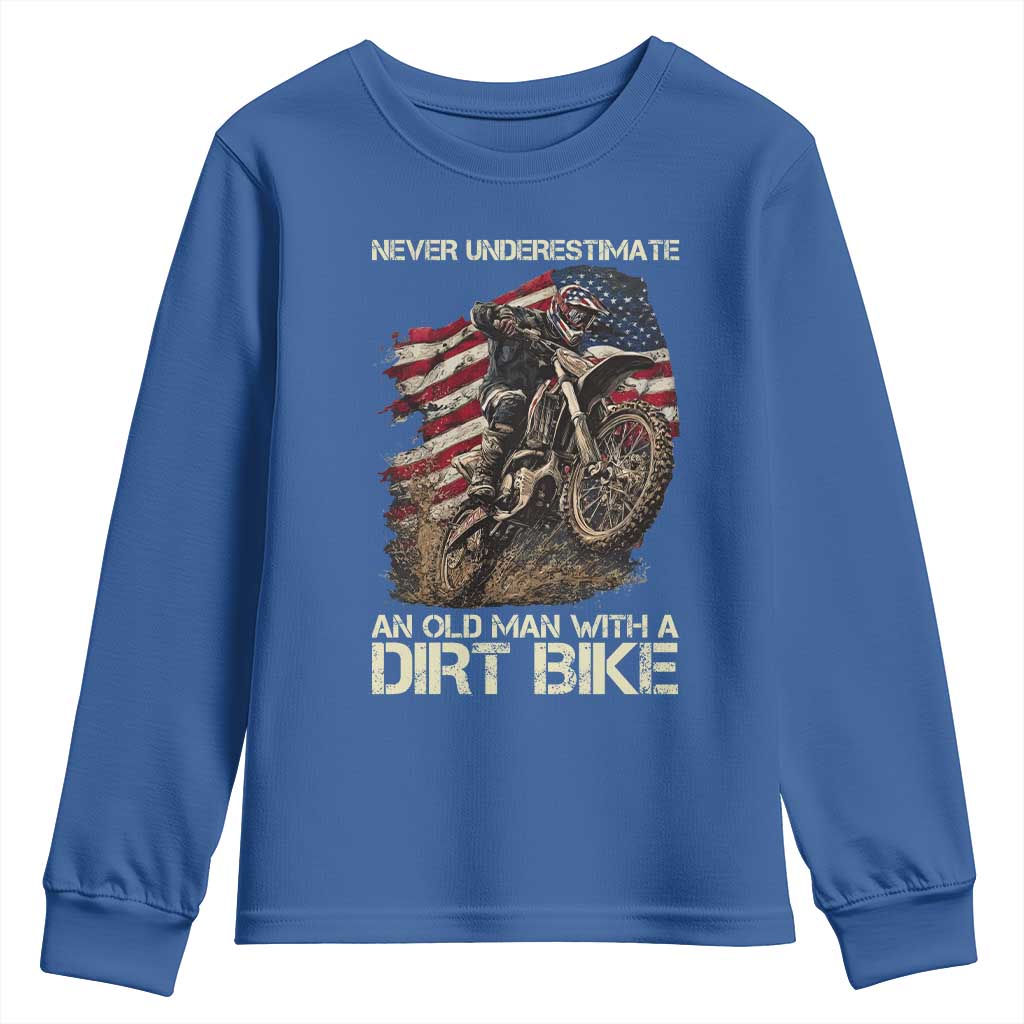 Dirt Bike American Flag Youth Sweatshirt Never Underestimate An Old Man With A Dirt Bike Motocross TS14 Royal Blue Print Your Wear