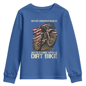 Dirt Bike American Flag Youth Sweatshirt Never Underestimate An Old Man With A Dirt Bike Motocross TS14 Royal Blue Print Your Wear