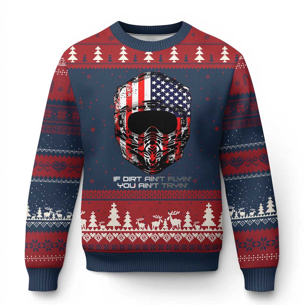 Dirt Bike American Flag Patriotic Ugly Christmas Sweater If Dirt Ain't Flyin You Ain't Tryin TS14 Navy Red Print Your Wear