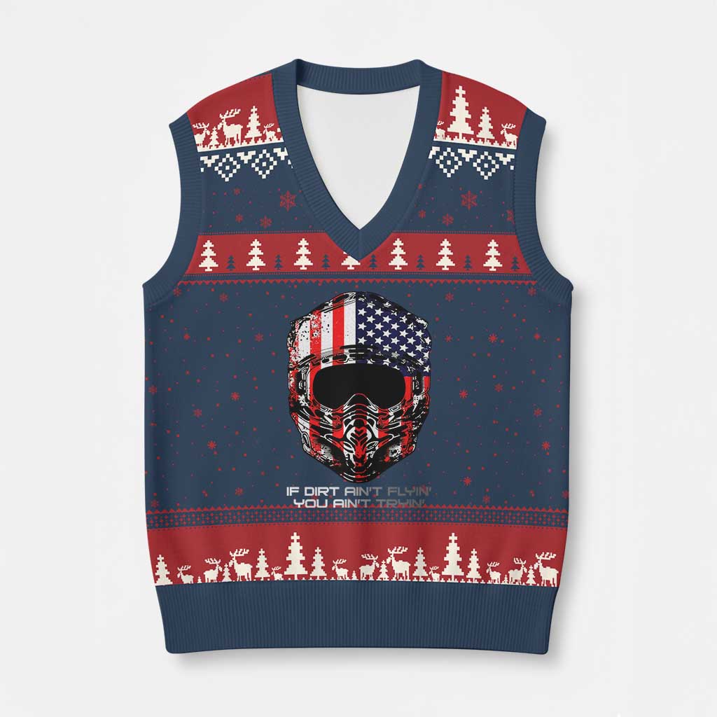 Dirt Bike American Flag Patriotic V-Neck Knit Sweater Vest If Dirt Ain't Flyin You Ain't Tryin TS14 Navy Red Print Your Wear