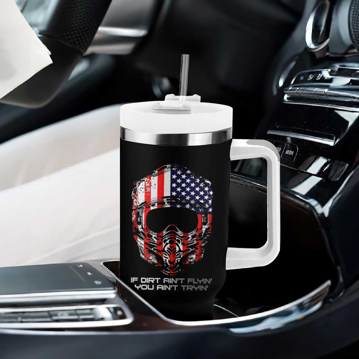 Dirt Bike American Flag Patriotic Tumbler With Handle If Dirt Ain't Flyin You Ain't Tryin TS14 Print Your Wear