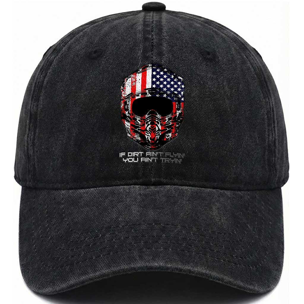 Dirt Bike American Flag Patriotic Washed Cotton Baseball Cap If Dirt Ain't Flyin You Ain't Tryin TS14 Washed Cap Universal Fit Black Print Your Wear