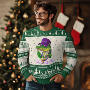 Mardi Gras Alligator Ugly Christmas Sweater Funny Six Seven MAGA Political Meme TS14 Beige Green Print Your Wear