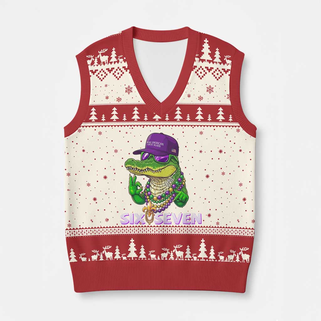 Mardi Gras Alligator V-Neck Knit Sweater Vest Funny Six Seven MAGA Political Meme TS14 Beige Red Print Your Wear