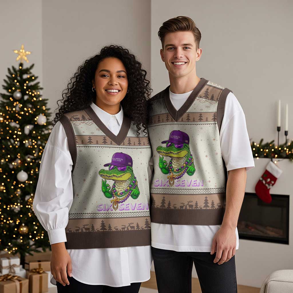 Mardi Gras Alligator V-Neck Knit Sweater Vest Funny Six Seven MAGA Political Meme TS14 Mocha Mousse Print Your Wear