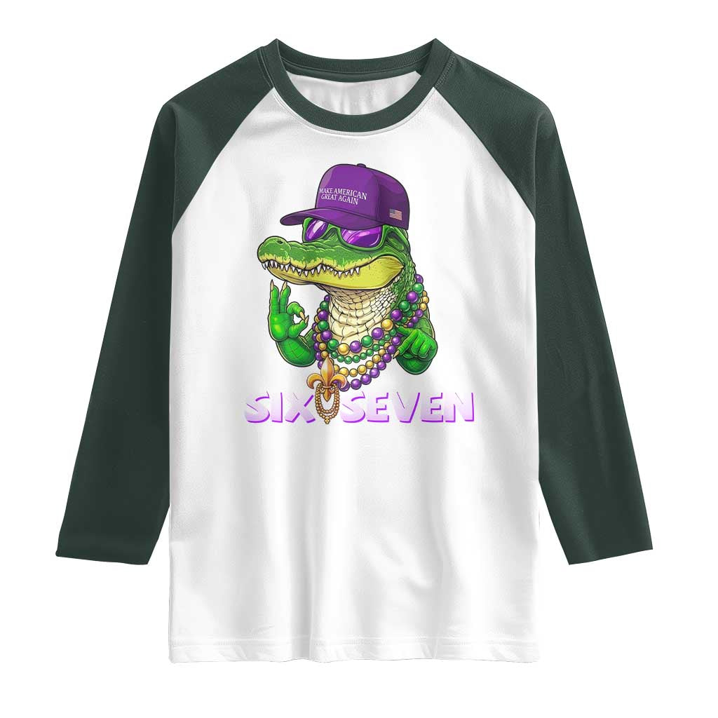 Mardi Gras Alligator Raglan Shirt Funny Six Seven MAGA Political Meme TS14 White Dark Forest Green Print Your Wear