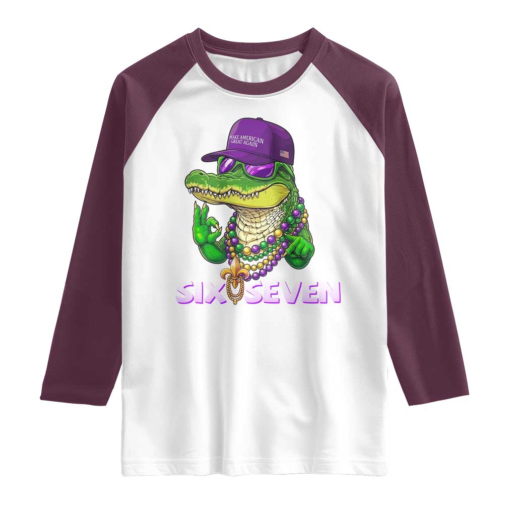 Mardi Gras Alligator Raglan Shirt Funny Six Seven MAGA Political Meme TS14 White Maroon Print Your Wear