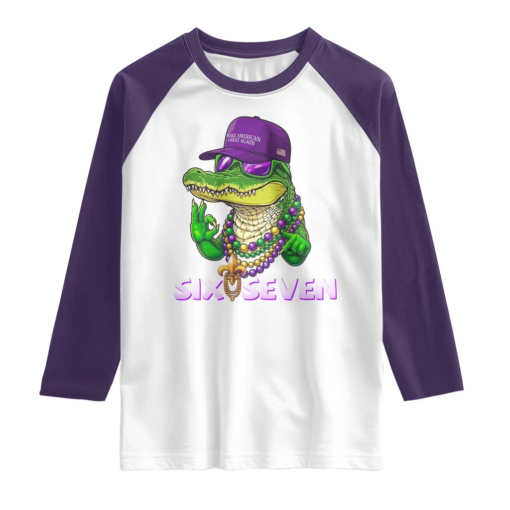 Mardi Gras Alligator Raglan Shirt Funny Six Seven MAGA Political Meme TS14 White Purple Print Your Wear