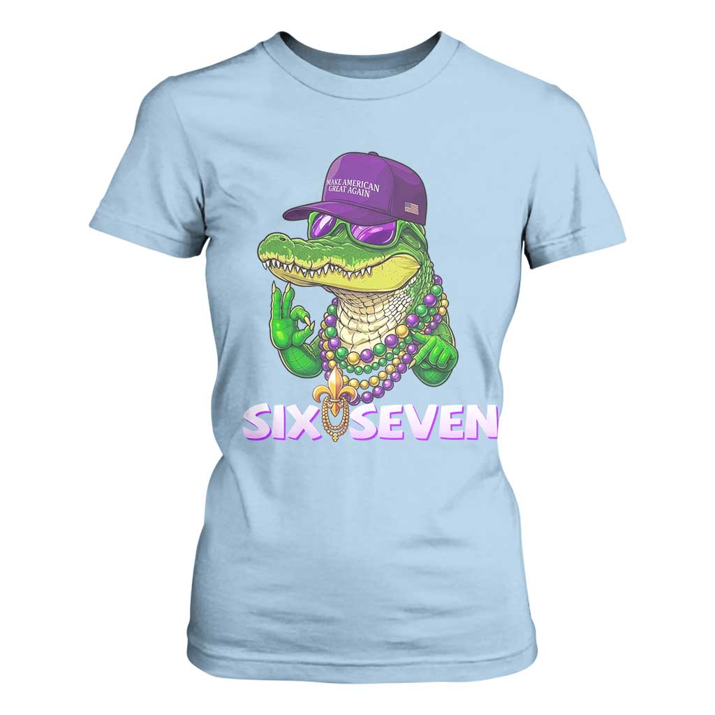 Mardi Gras Alligator T Shirt For Women Funny Six Seven MAGA Political Meme TS14 Light Blue Print Your Wear