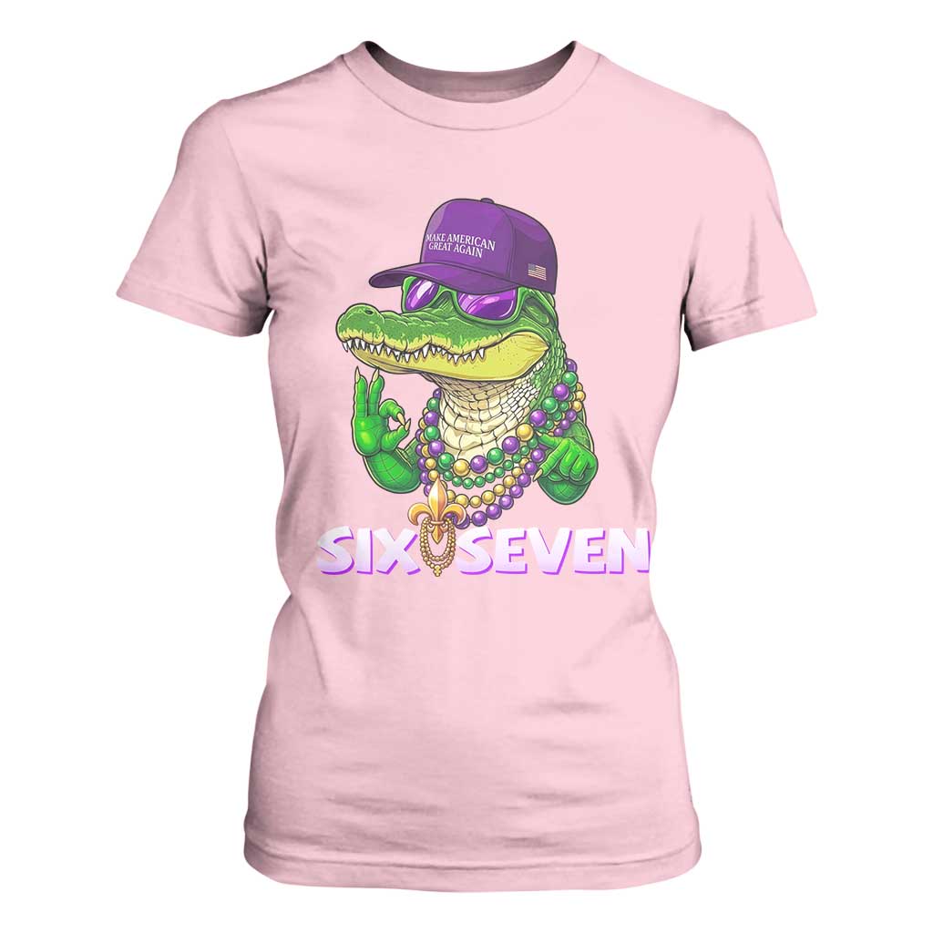 Mardi Gras Alligator T Shirt For Women Funny Six Seven MAGA Political Meme TS14 Light Pink Print Your Wear