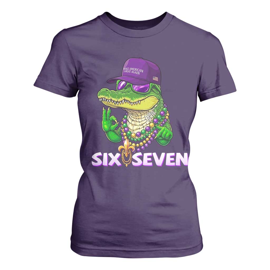 Mardi Gras Alligator T Shirt For Women Funny Six Seven MAGA Political Meme TS14 Purple Print Your Wear