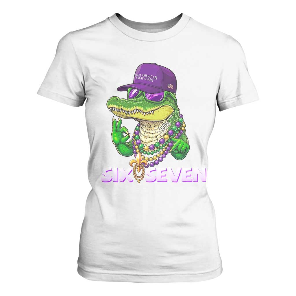 Mardi Gras Alligator T Shirt For Women Funny Six Seven MAGA Political Meme TS14 White Print Your Wear