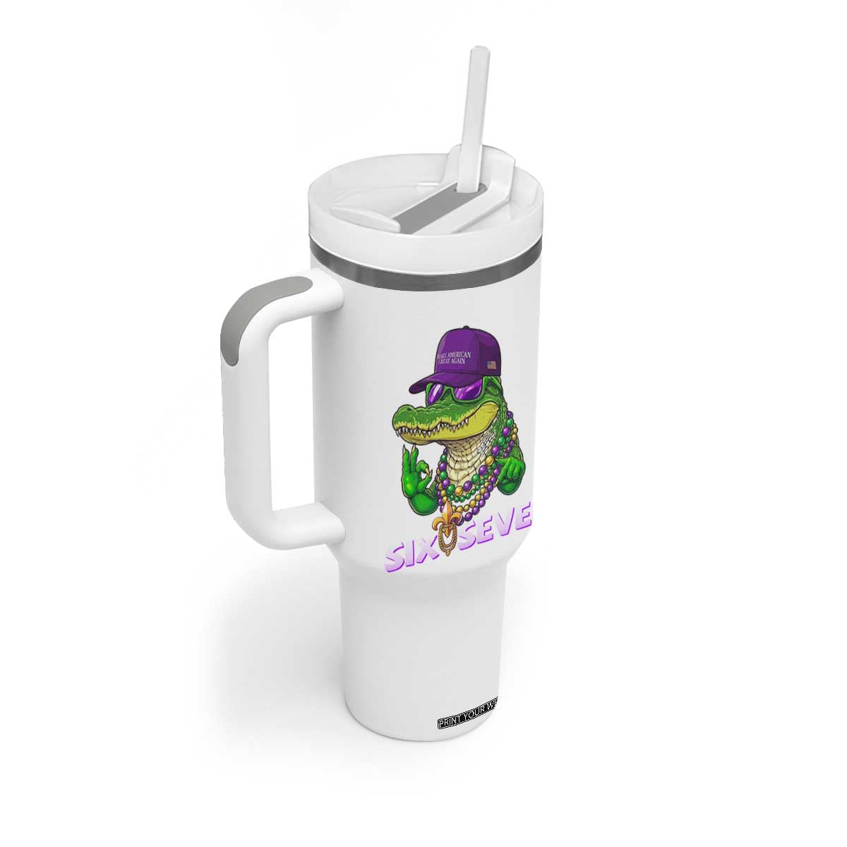 Mardi Gras Alligator Tumbler With Handle Funny Six Seven MAGA Political Meme TS14 Print Your Wear