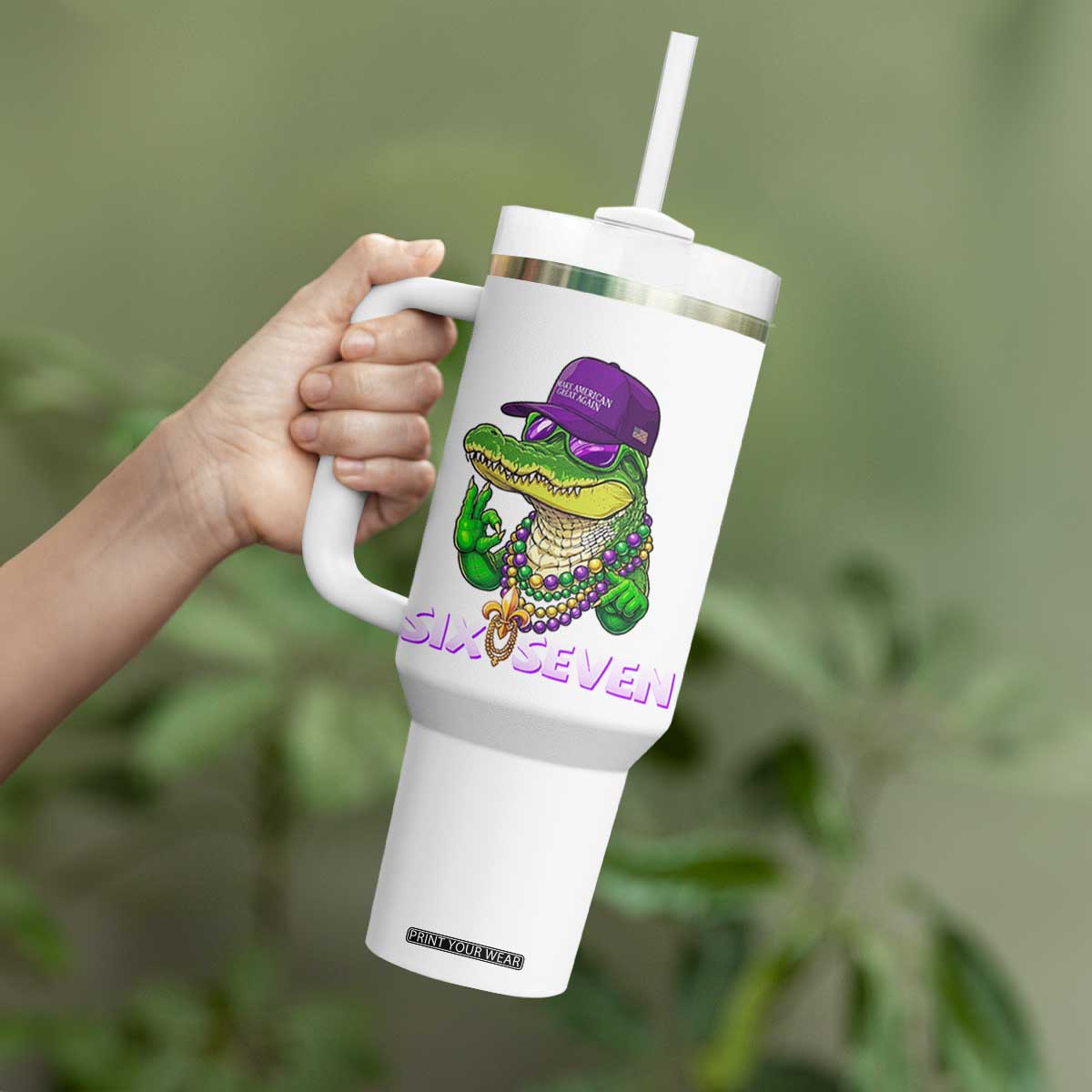 Mardi Gras Alligator Tumbler With Handle Funny Six Seven MAGA Political Meme TS14 Print Your Wear