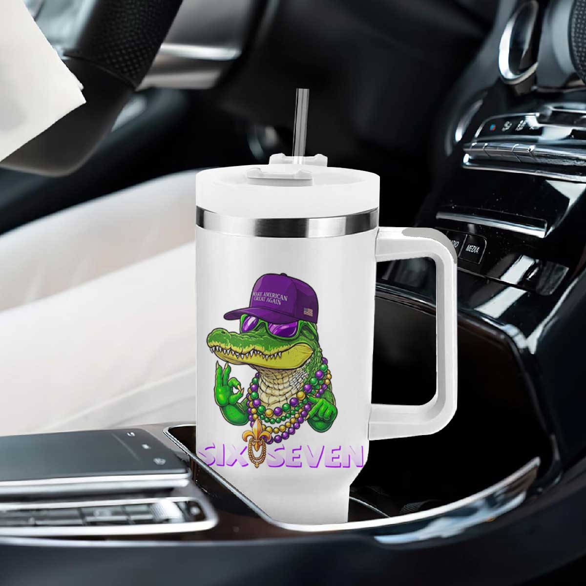 Mardi Gras Alligator Tumbler With Handle Funny Six Seven MAGA Political Meme TS14 Print Your Wear