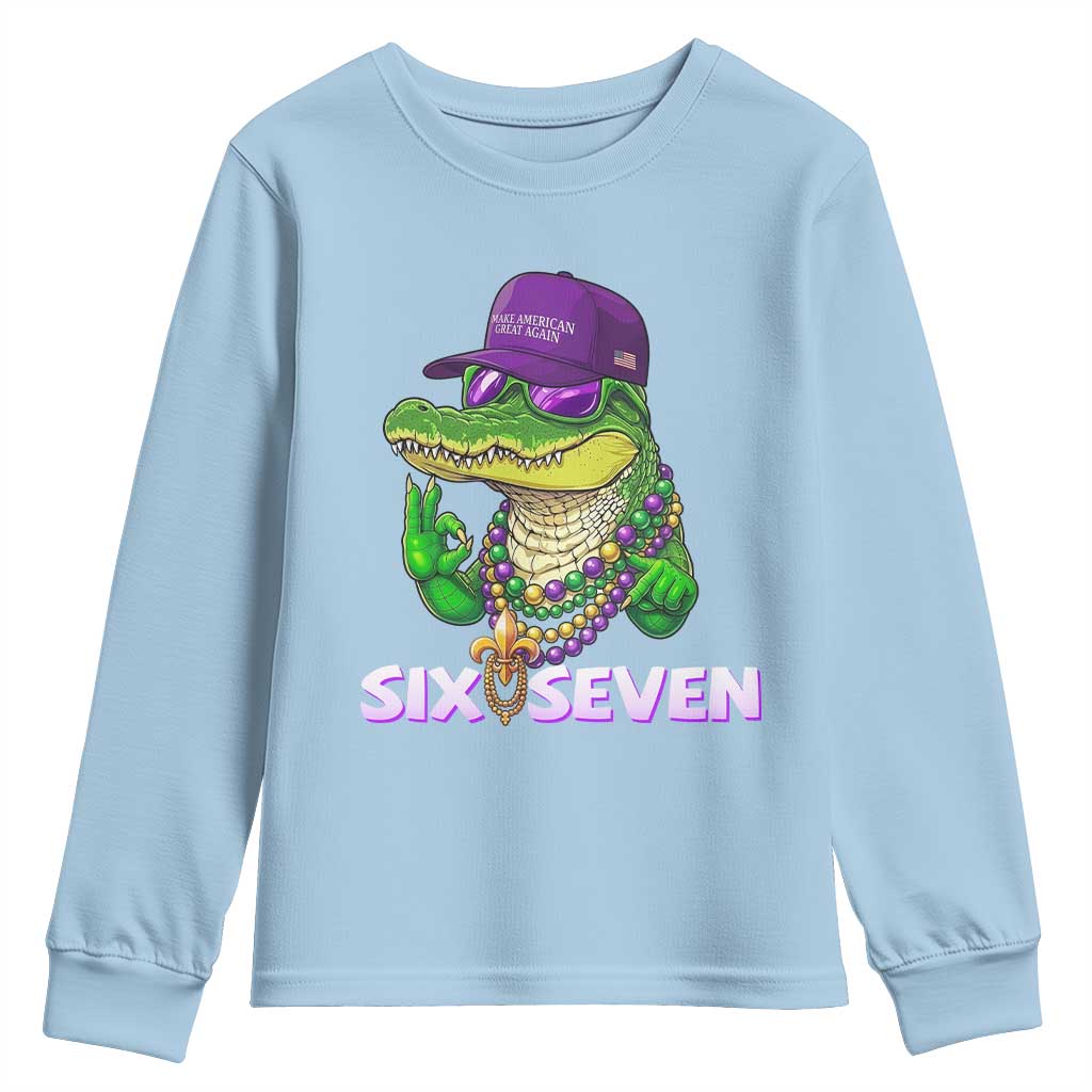 Mardi Gras Alligator Youth Sweatshirt Funny Six Seven MAGA Political Meme TS14 Light Blue Print Your Wear