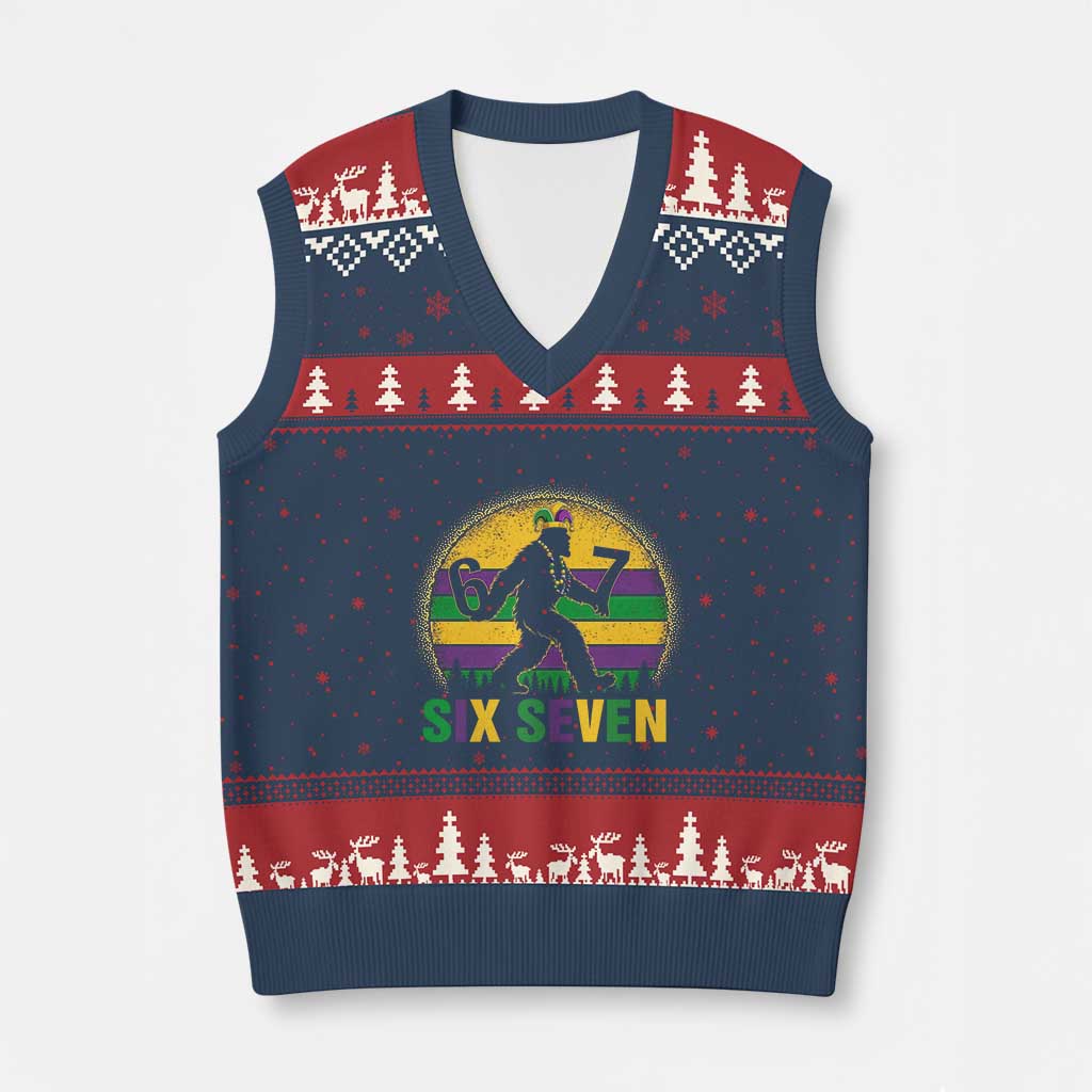 Mardi Gras Bigfoot V-Neck Knit Sweater Vest Funny Six Seven Meme Carnival Trendy TS14 Navy Red Print Your Wear