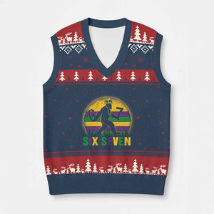 Mardi Gras Bigfoot V-Neck Knit Sweater Vest Funny Six Seven Meme Carnival Trendy TS14 Navy Red Print Your Wear