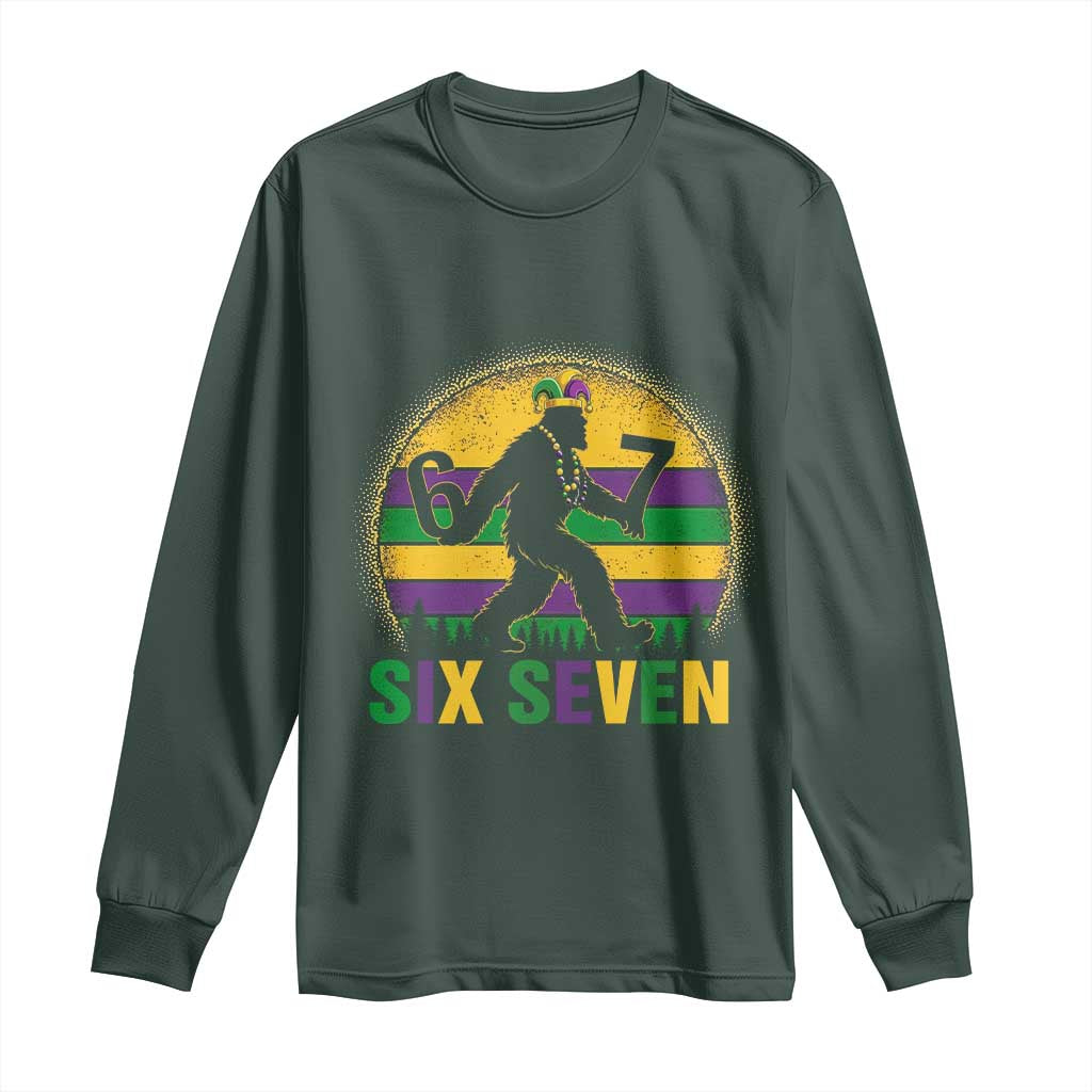 Mardi Gras Bigfoot Long Sleeve Shirt Funny Six Seven Meme Carnival Trendy TS14 Dark Forest Green Print Your Wear