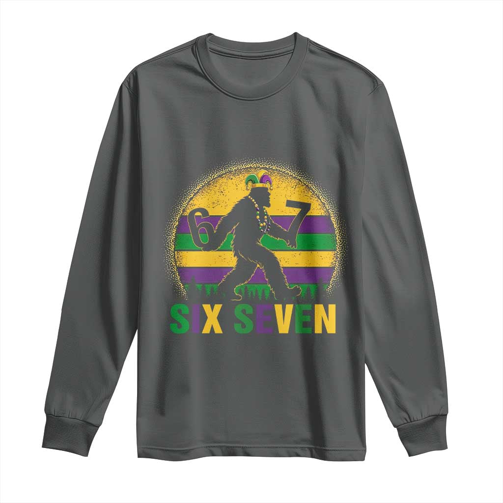 Mardi Gras Bigfoot Long Sleeve Shirt Funny Six Seven Meme Carnival Trendy TS14 Dark Heather Print Your Wear