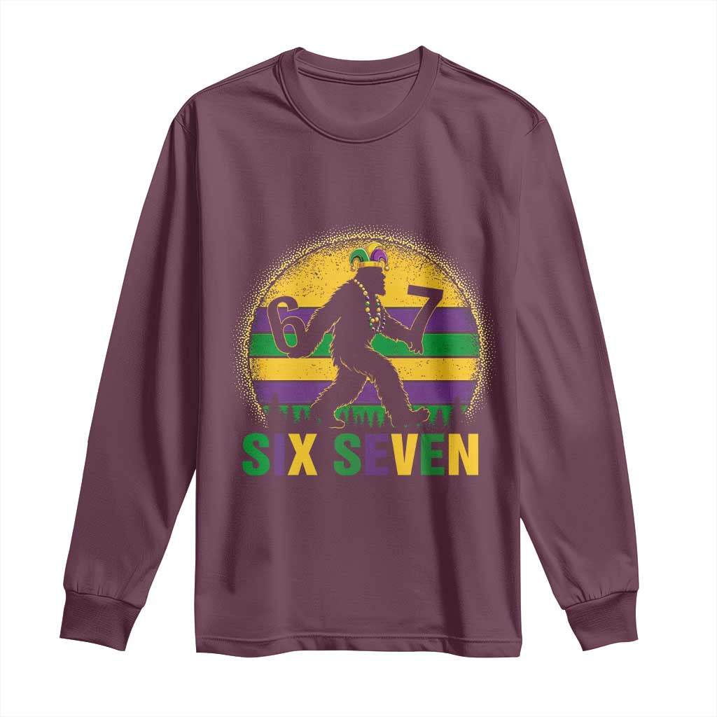 Mardi Gras Bigfoot Long Sleeve Shirt Funny Six Seven Meme Carnival Trendy TS14 Maroon Print Your Wear