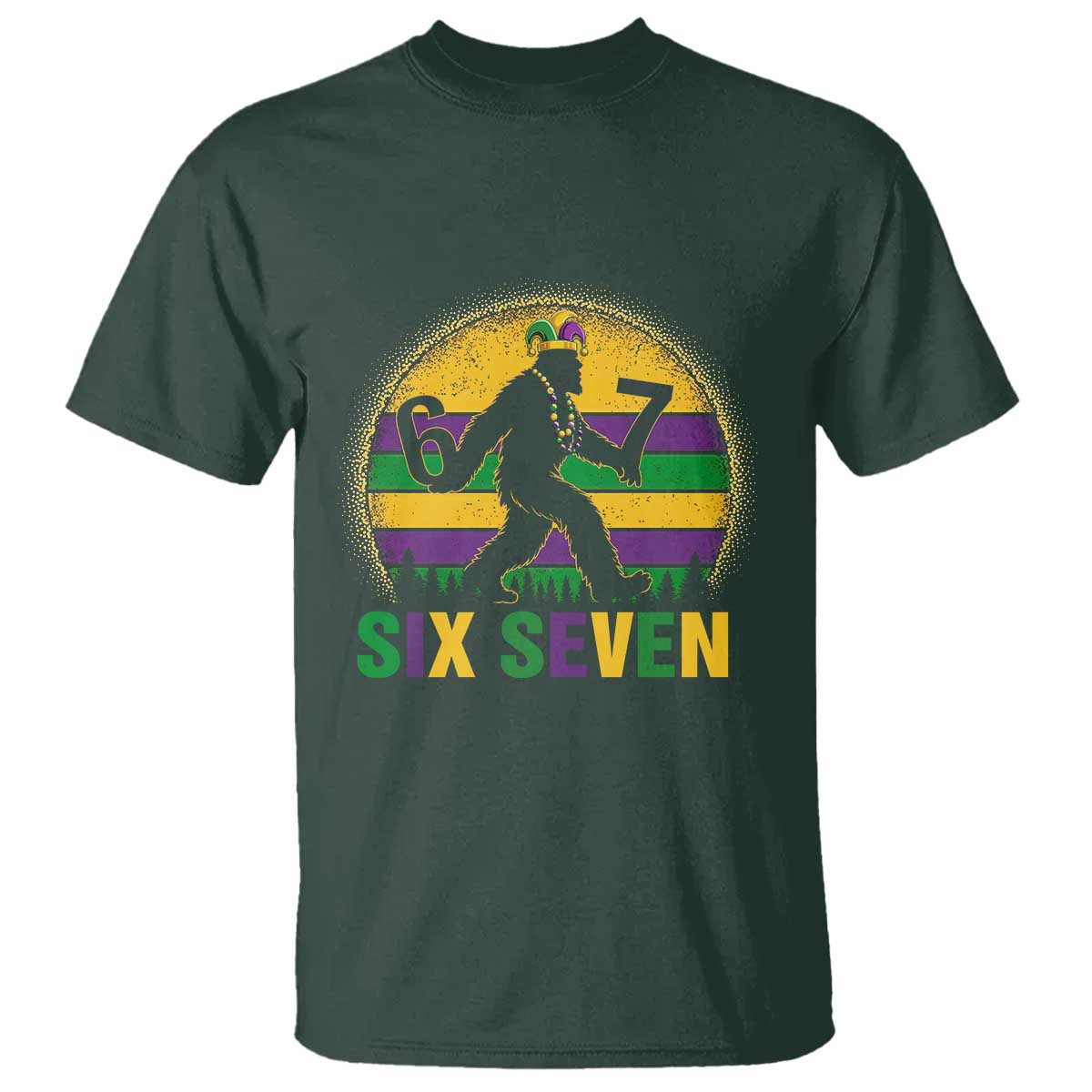 Mardi Gras Bigfoot T Shirt Funny Six Seven Meme Carnival Trendy TS14 Dark Forest Green Print Your Wear