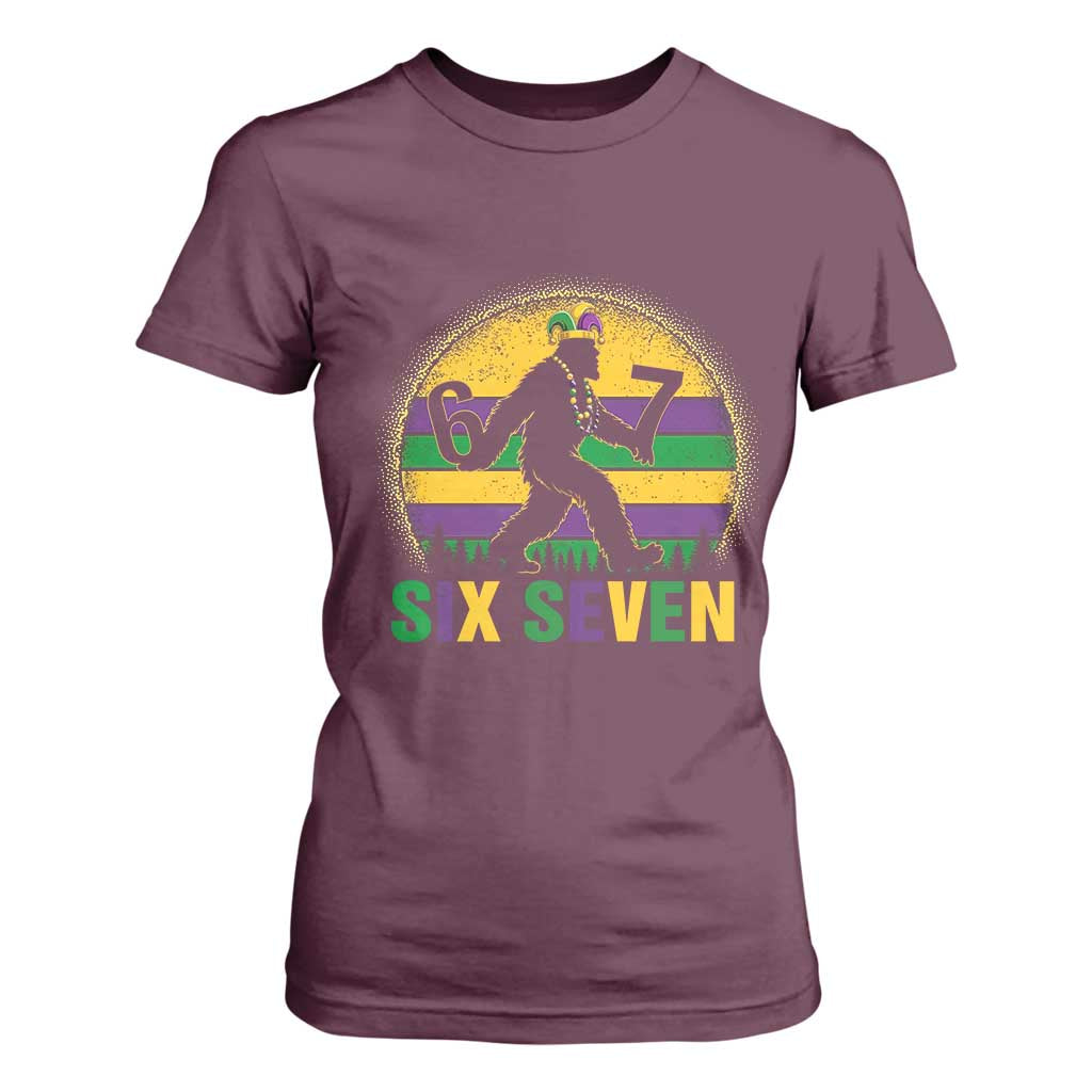 Mardi Gras Bigfoot T Shirt For Women Funny Six Seven Meme Carnival Trendy TS14 Maroon Print Your Wear
