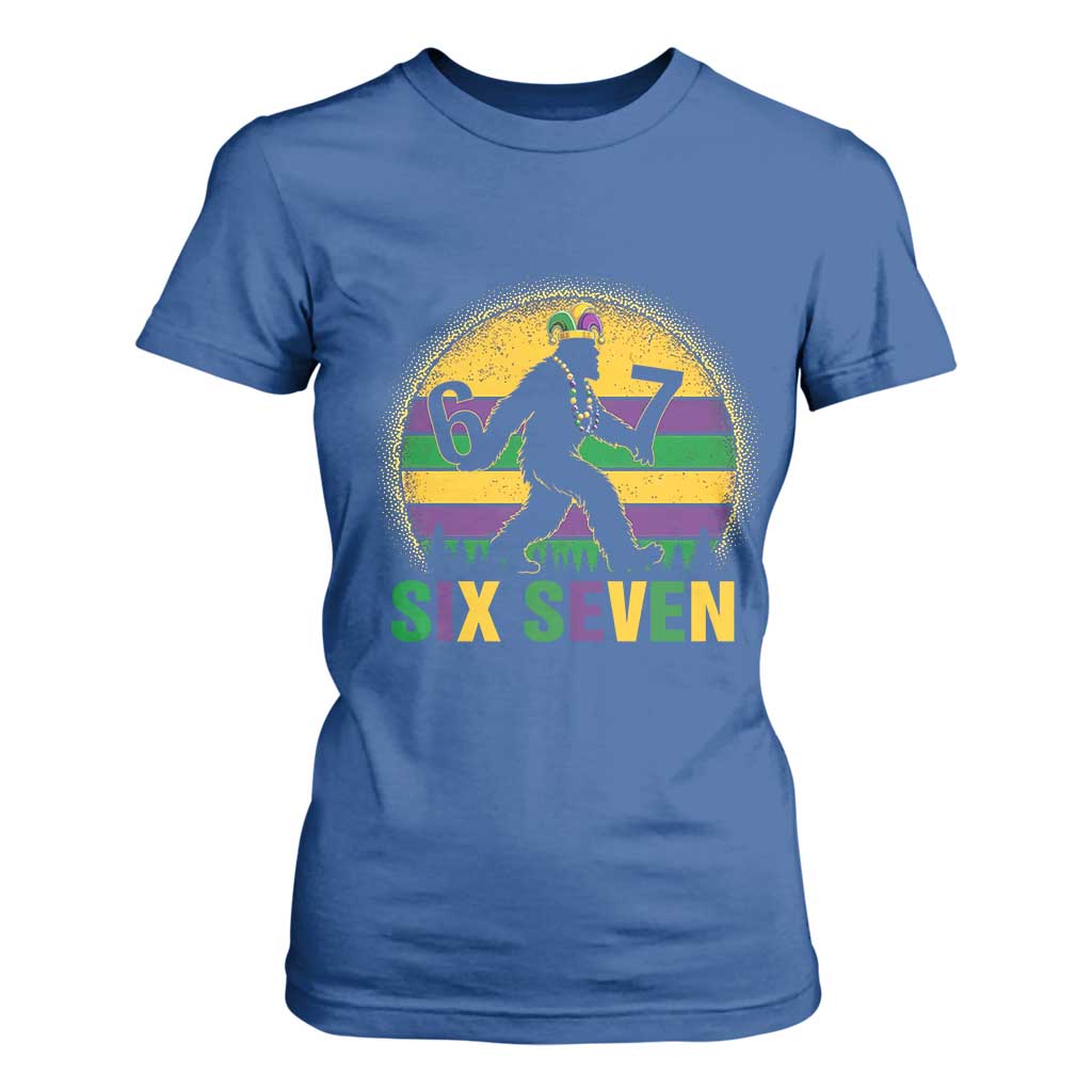 Mardi Gras Bigfoot T Shirt For Women Funny Six Seven Meme Carnival Trendy TS14 Royal Blue Print Your Wear