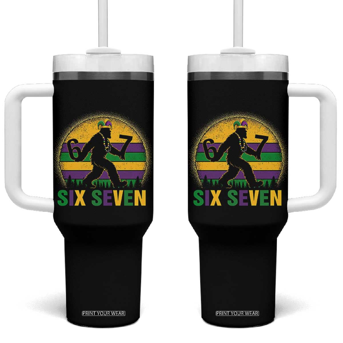 Mardi Gras Bigfoot Tumbler With Handle Funny Six Seven Meme Carnival Trendy TS14 One Size: 40 oz Black Print Your Wear