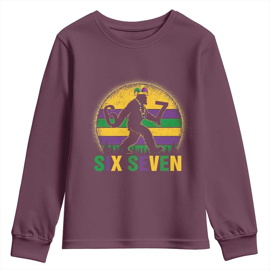Mardi Gras Bigfoot Youth Sweatshirt Funny Six Seven Meme Carnival Trendy TS14 Maroon Print Your Wear