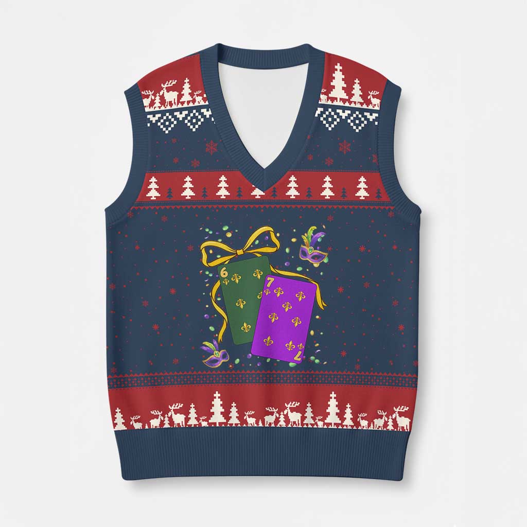 67 Mardi Gras V-Neck Knit Sweater Vest Funny Six Seven Playing Cards Meme TS14 Navy Red Print Your Wear
