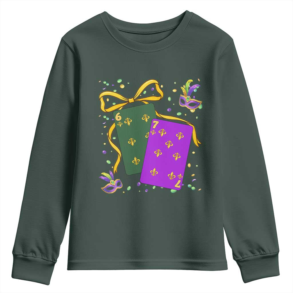 67 Mardi Gras Youth Sweatshirt Funny Six Seven Playing Cards Meme TS14 Dark Forest Green Print Your Wear