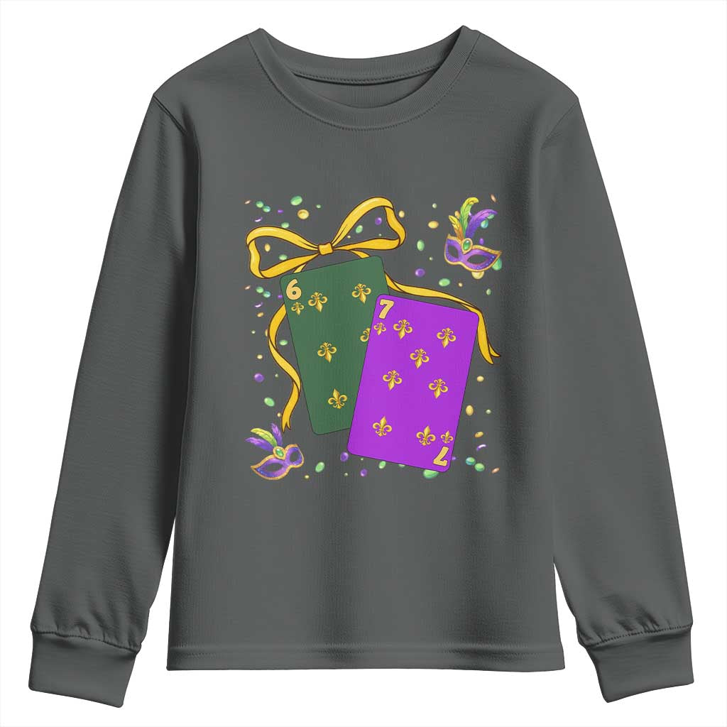 67 Mardi Gras Youth Sweatshirt Funny Six Seven Playing Cards Meme TS14 Dark Heather Print Your Wear