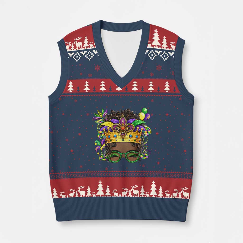 Mardi Gras Queen V-Neck Knit Sweater Vest Messy Pun Carnival Party TS14 Navy Red Print Your Wear