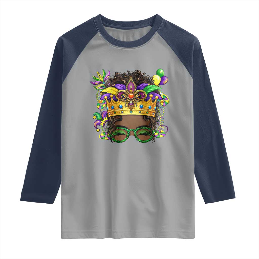 Mardi Gras Queen Raglan Shirt Messy Pun Carnival Party TS14 Sport Gray Navy Print Your Wear