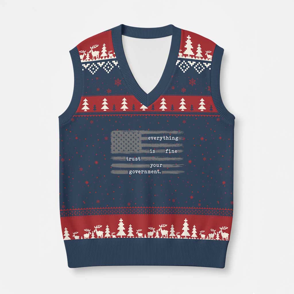 Everything is Fine Trust Your Government V-Neck Knit Sweater Vest Funny Political Sarcastic American Flag TS14 Navy Red Print Your Wear