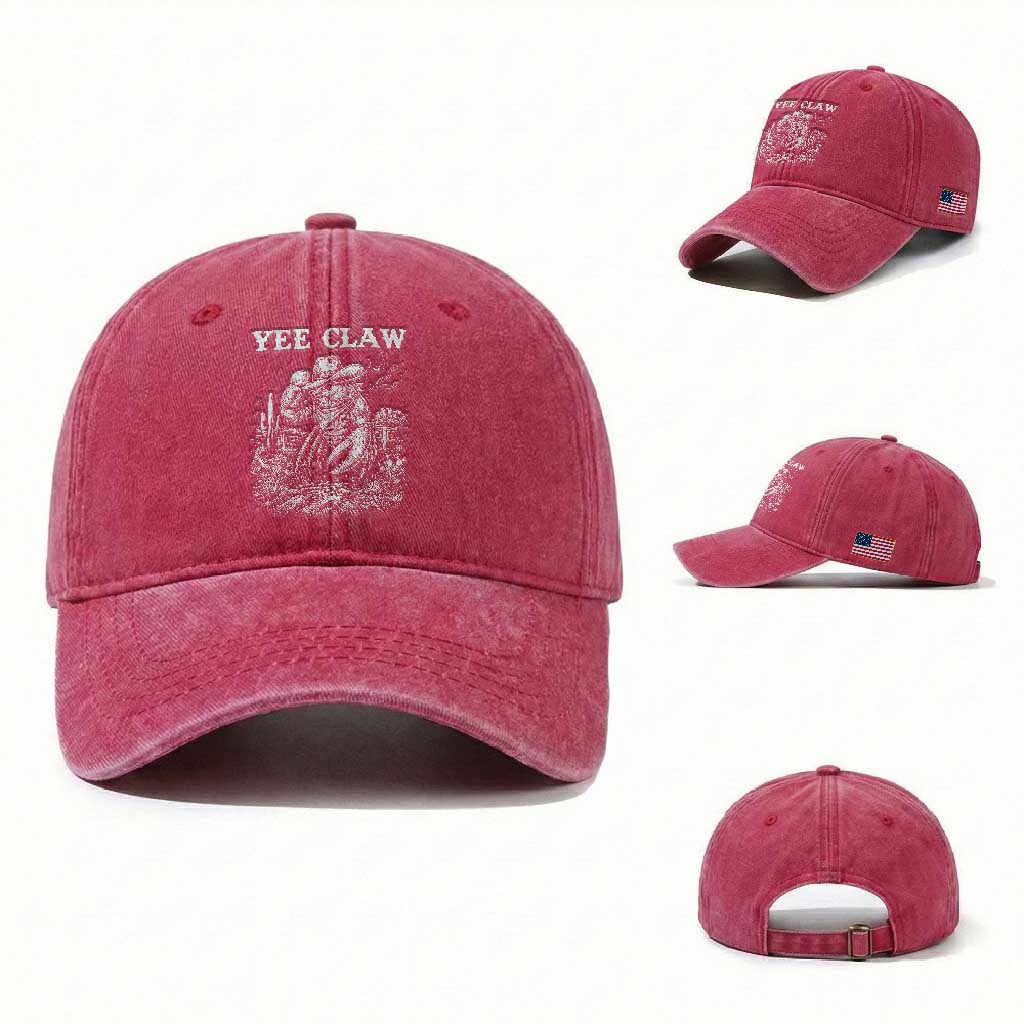 Yee Claw Lobster Washed Cotton Baseball Cap Funny Crawfish Western Meme TS14 Washed Cap Universal Fit Red Print Your Wear