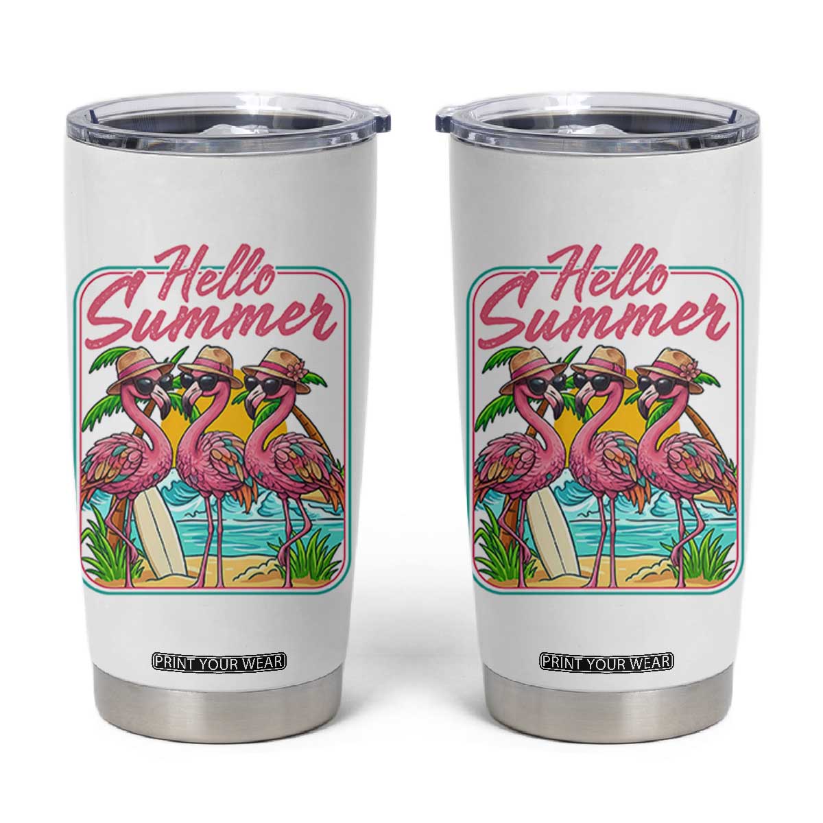 Summer Flamingo Pink Tumbler Cup Tropical Palm Tree Beach Vacation TS14 White Print Your Wear
