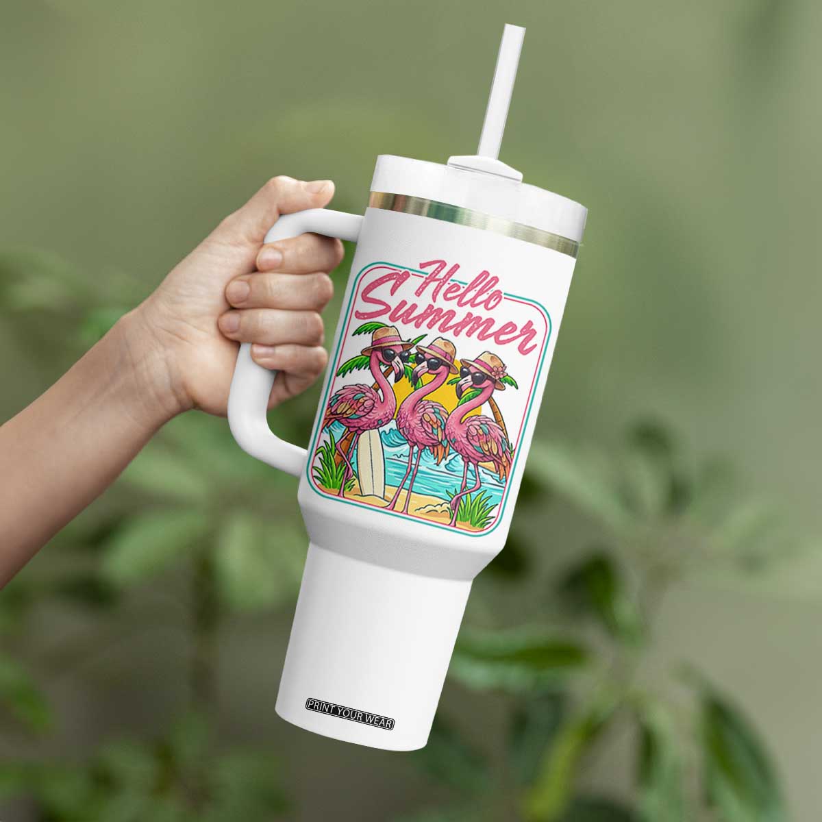 Summer Flamingo Pink Tumbler With Handle Tropical Palm Tree Beach Vacation TS14 Print Your Wear